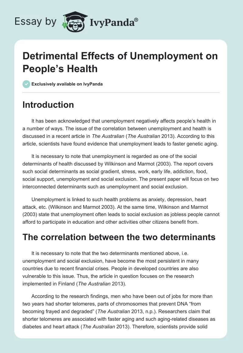Detrimental Effects of Unemployment on People’s Health. Page 1