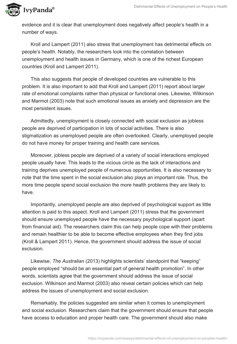 Detrimental Effects of Unemployment on People’s Health. Page 2