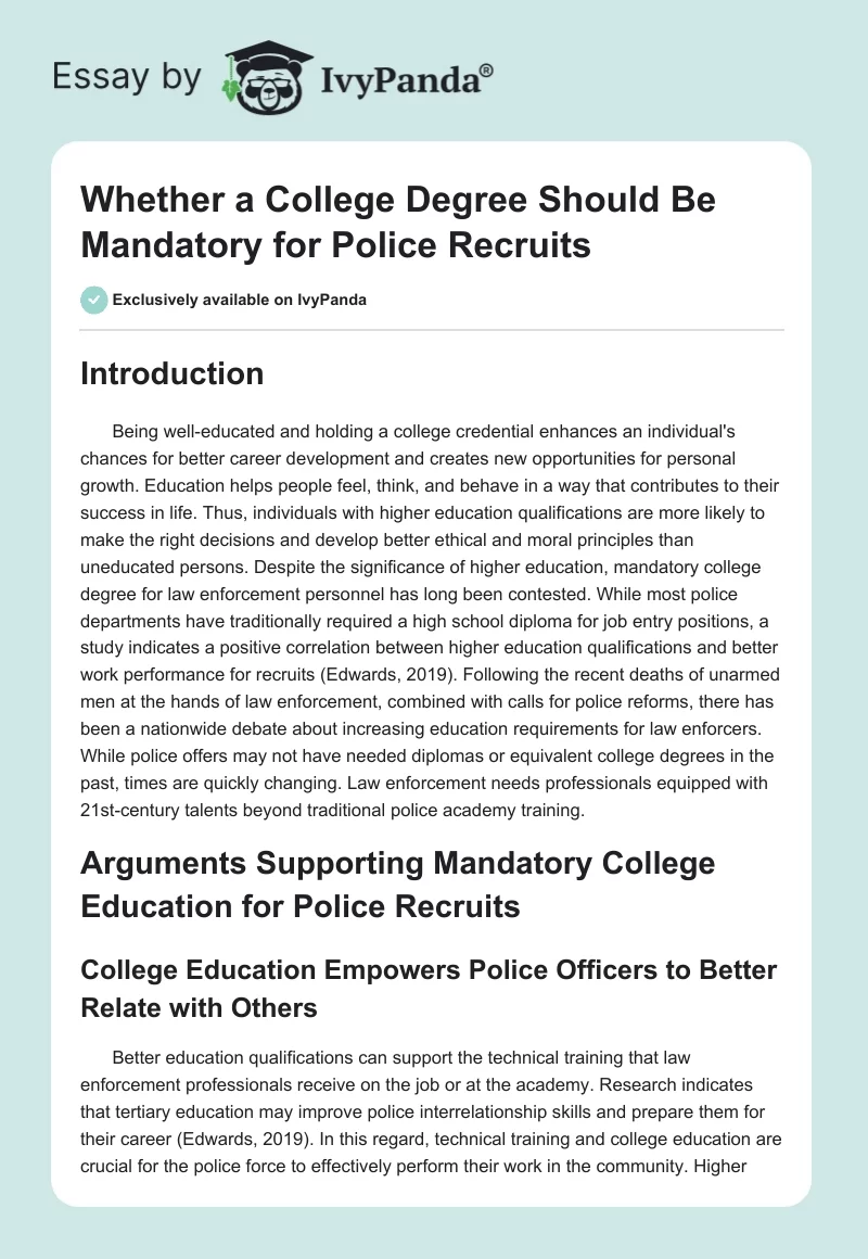 Whether a College Degree Should Be Mandatory for Police Recruits. Page 1