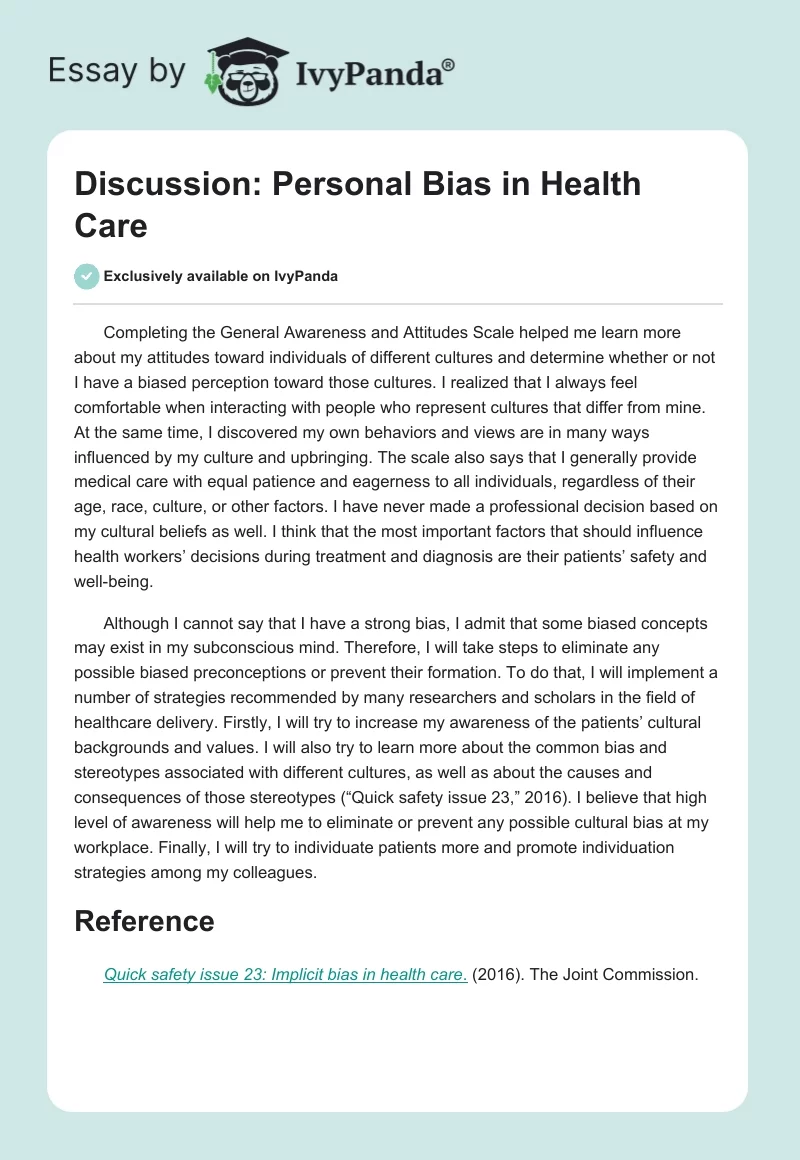 Discussion: Personal Bias in Health Care. Page 1