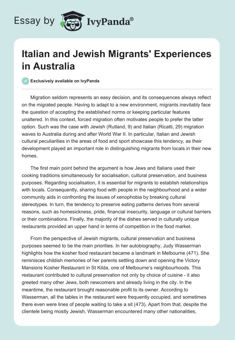 Italian and Jewish Migrants' Experiences in Australia. Page 1