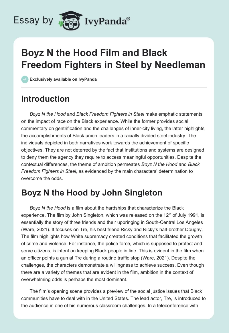 "Boyz N the Hood" Film and "Black Freedom Fighters in Steel" by Needleman. Page 1