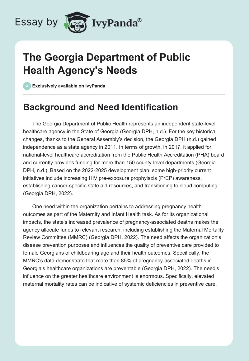 The Georgia Department of Public Health Agency's Needs. Page 1