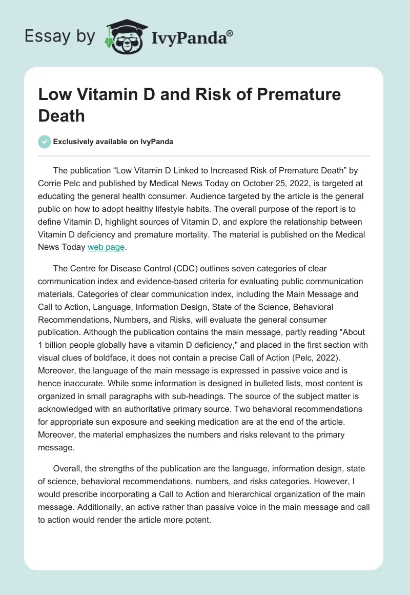 Low Vitamin D and Risk of Premature Death. Page 1