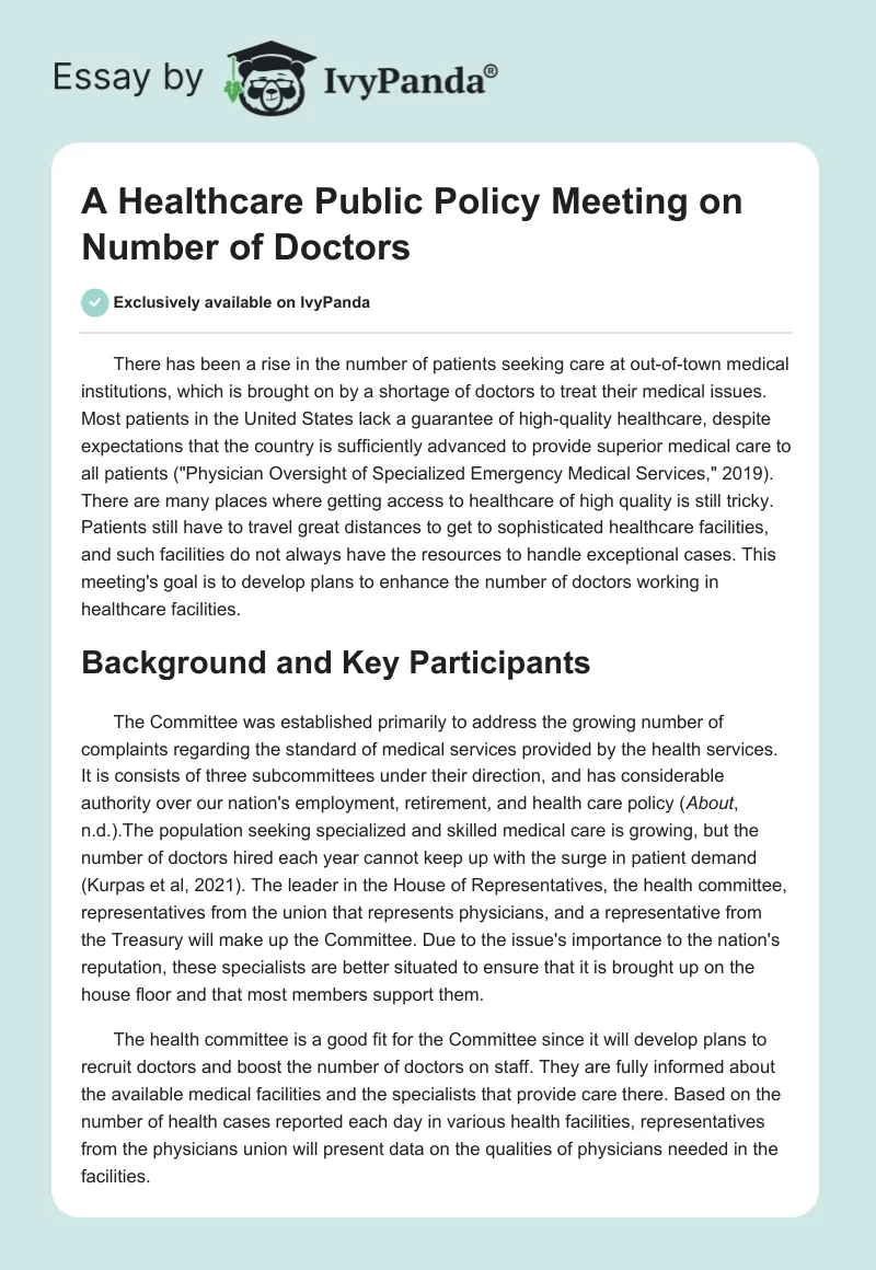 A Healthcare Public Policy Meeting on Number of Doctors. Page 1