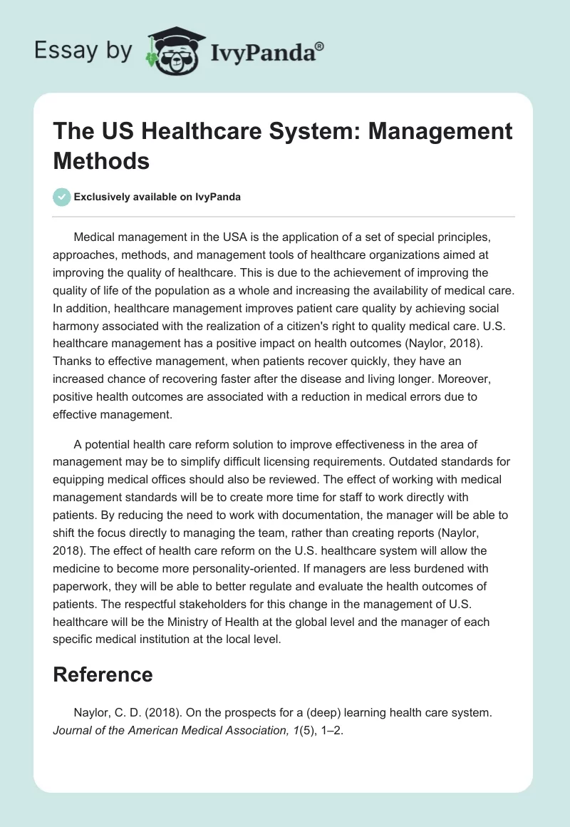 The US Healthcare System: Management Methods. Page 1