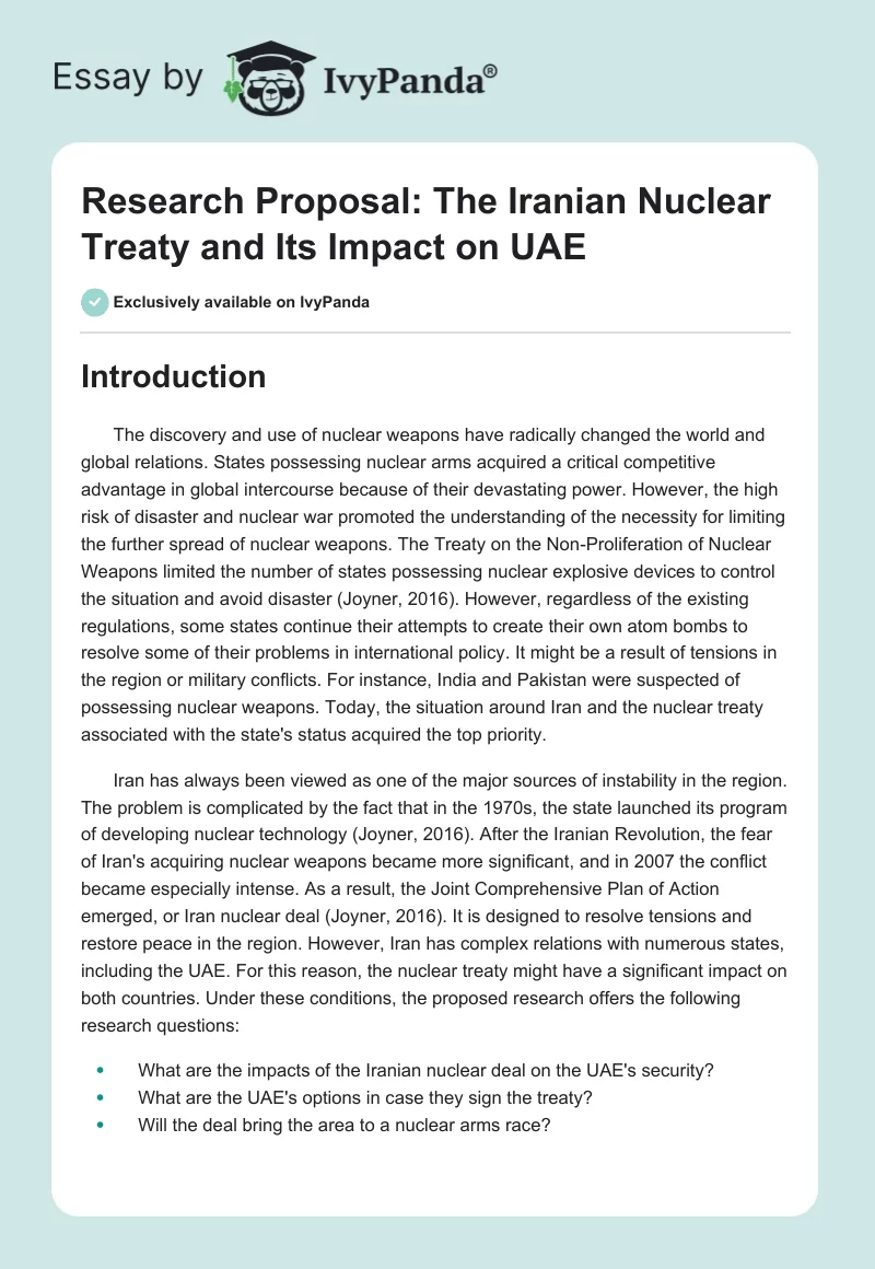 Research Proposal: The Iranian Nuclear Treaty and Its Impact on UAE. Page 1