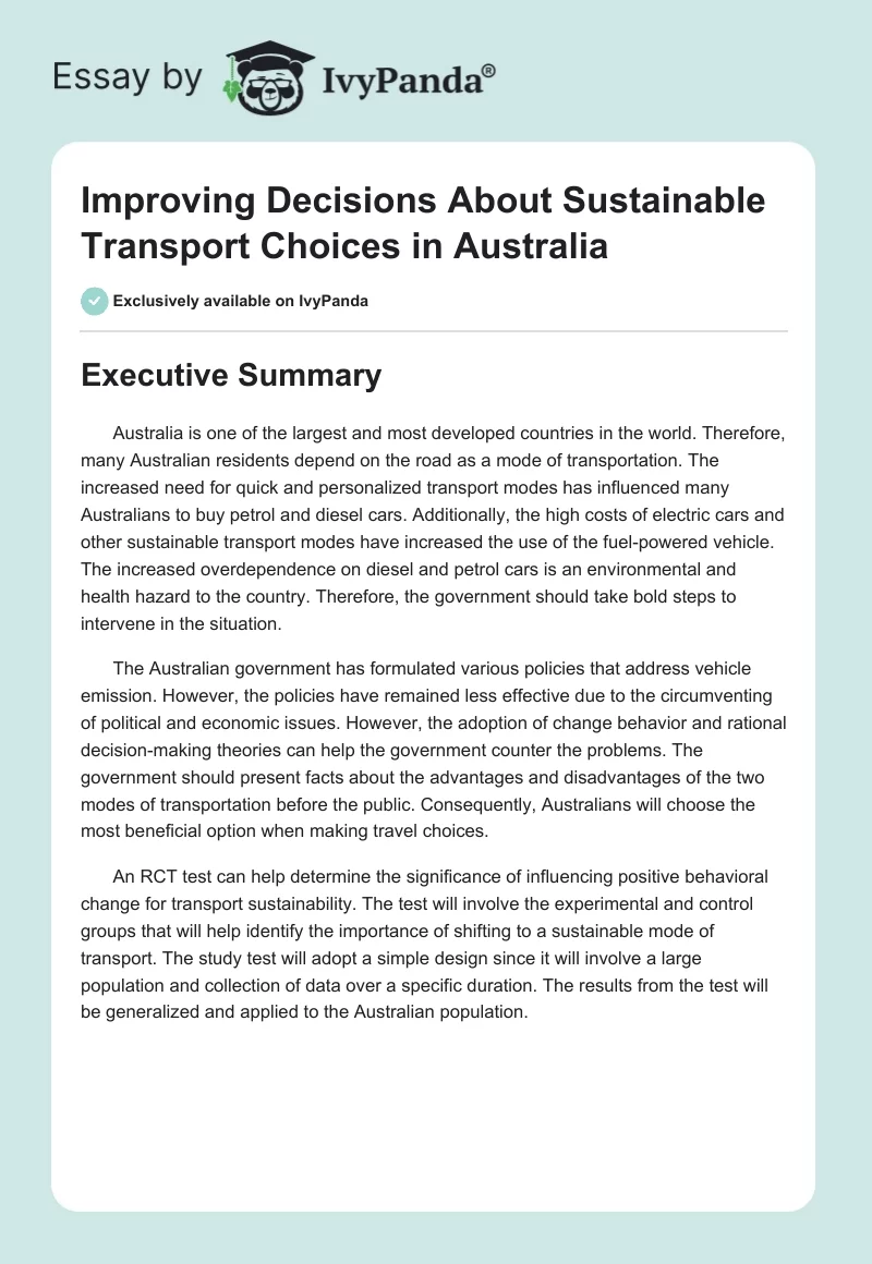 Improving Decisions About Sustainable Transport Choices in Australia. Page 1