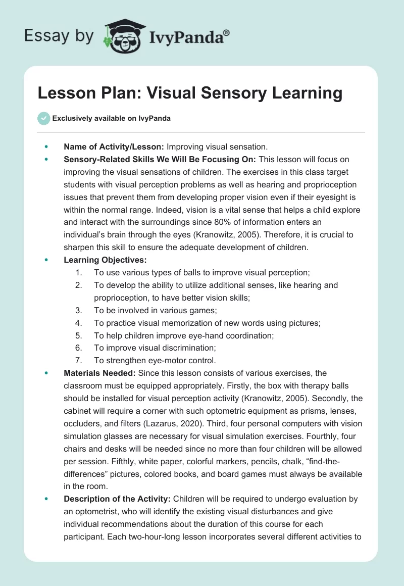 Lesson Plan: Visual Sensory Learning. Page 1