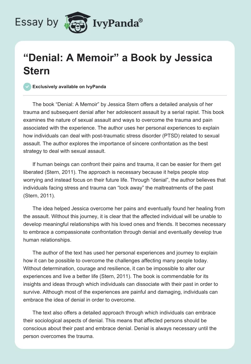 “Denial: A Memoir” a Book by Jessica Stern. Page 1