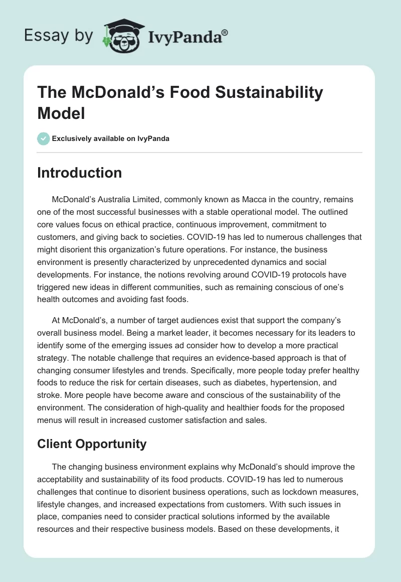 The McDonald’s Food Sustainability Model. Page 1