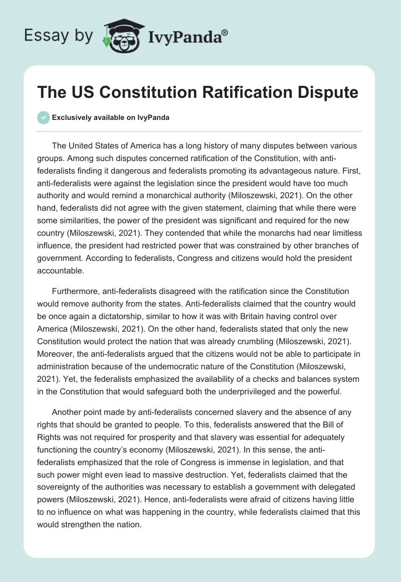 The US Constitution Ratification Dispute. Page 1