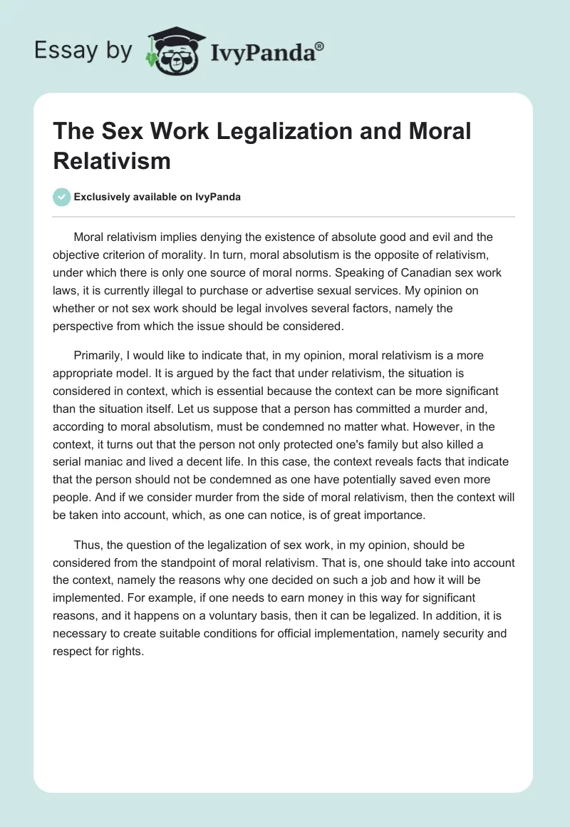 The Sex Work Legalization and Moral Relativism. Page 1