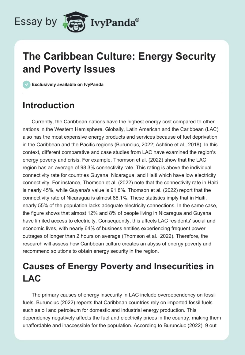 The Caribbean Culture: Energy Security and Poverty Issues. Page 1