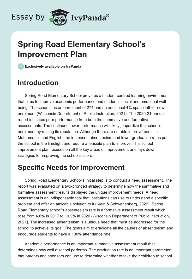 Spring Road Elementary School's Improvement Plan. Page 1