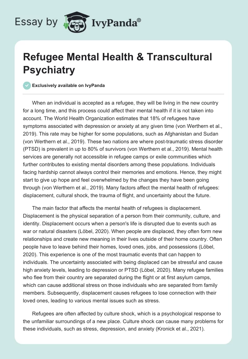 Refugee Mental Health & Transcultural Psychiatry - 1156 Words | Essay ...