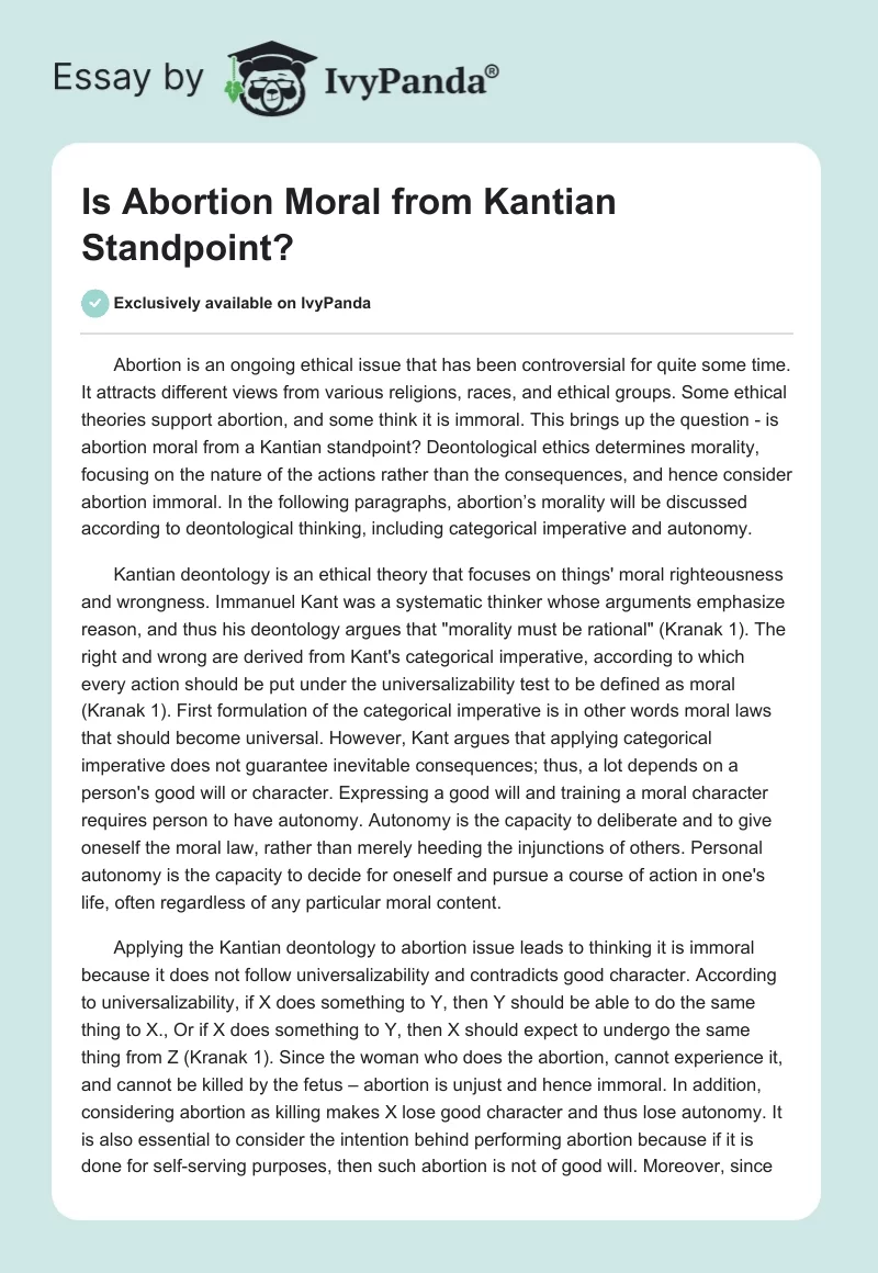 Is Abortion Moral From Kantian Standpoint?. Page 1