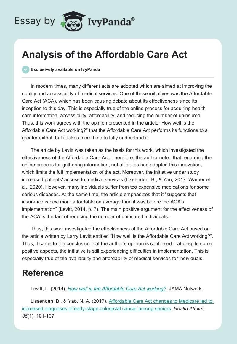 Analysis of the Affordable Care Act. Page 1
