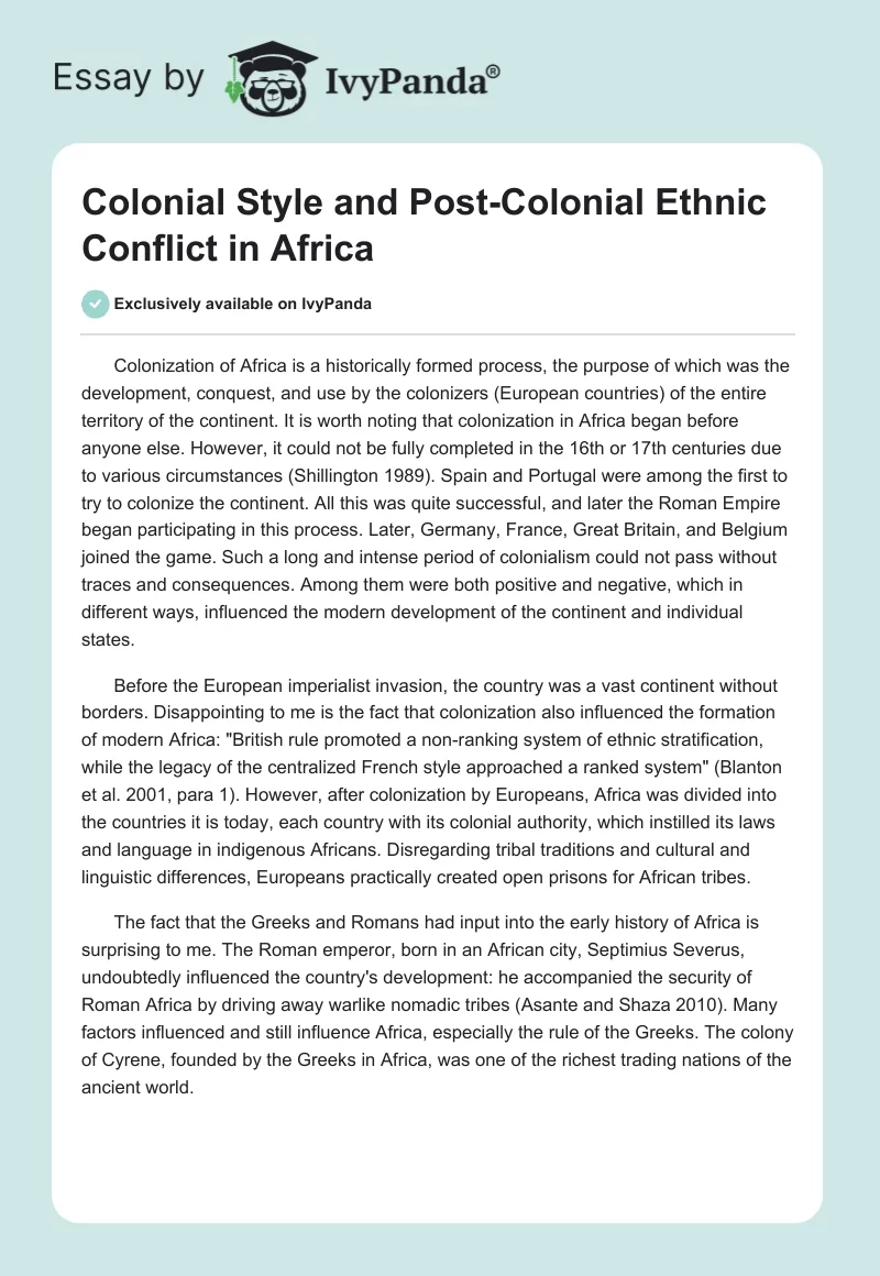 Colonial Style and Post-Colonial Ethnic Conflict in Africa. Page 1