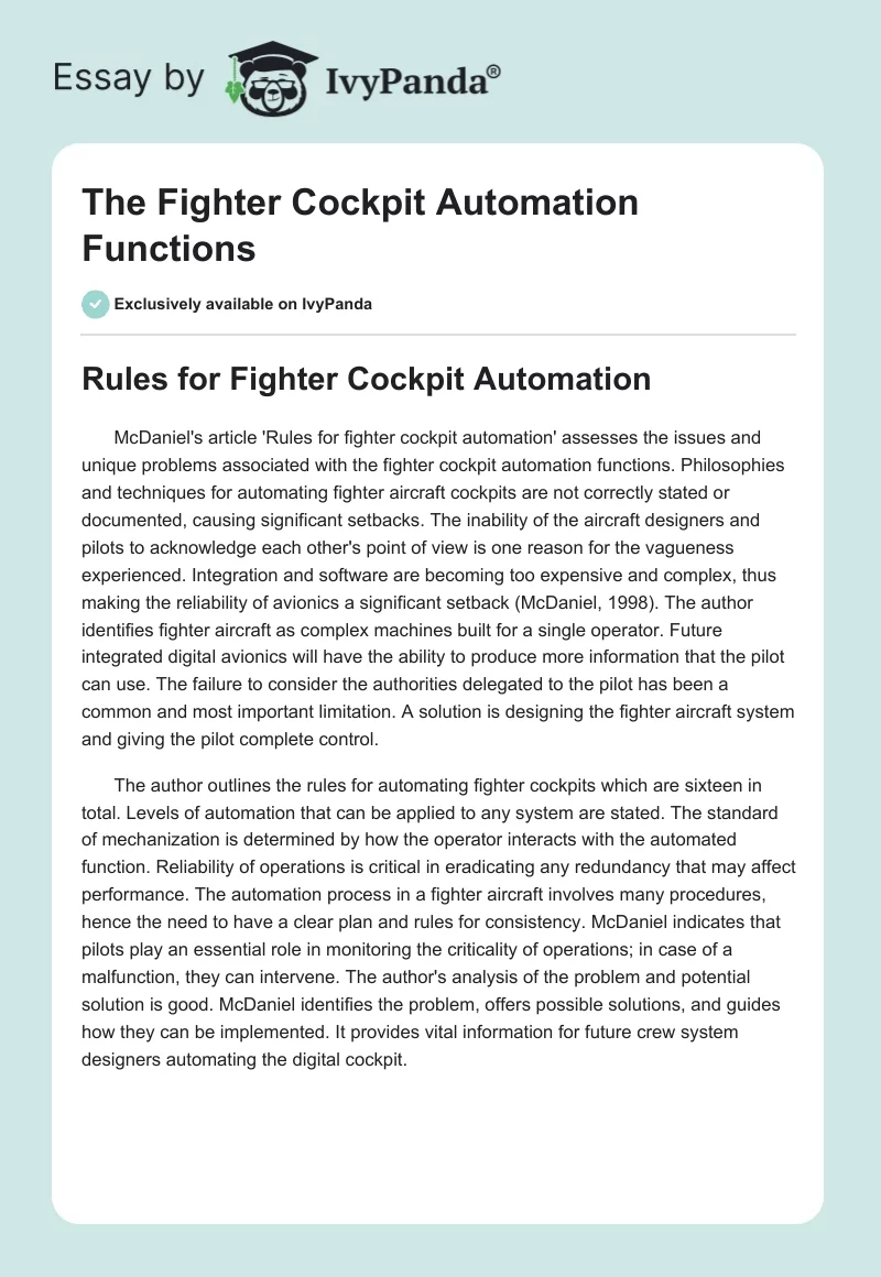 The Fighter Cockpit Automation Functions. Page 1