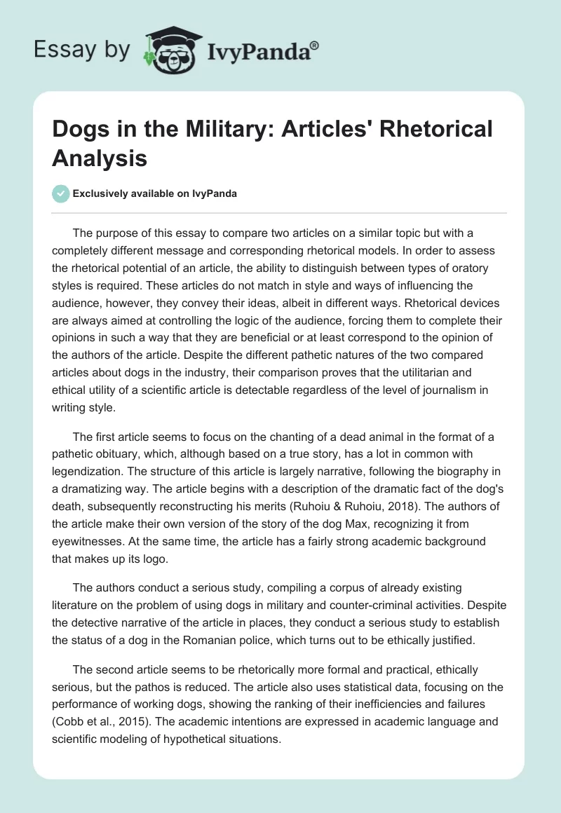 Dogs in the Military: Articles' Rhetorical Analysis. Page 1