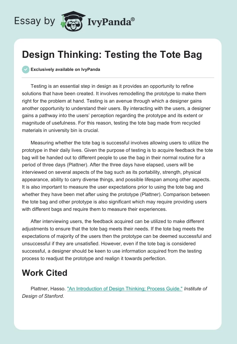 Design Thinking: Testing the Tote Bag. Page 1