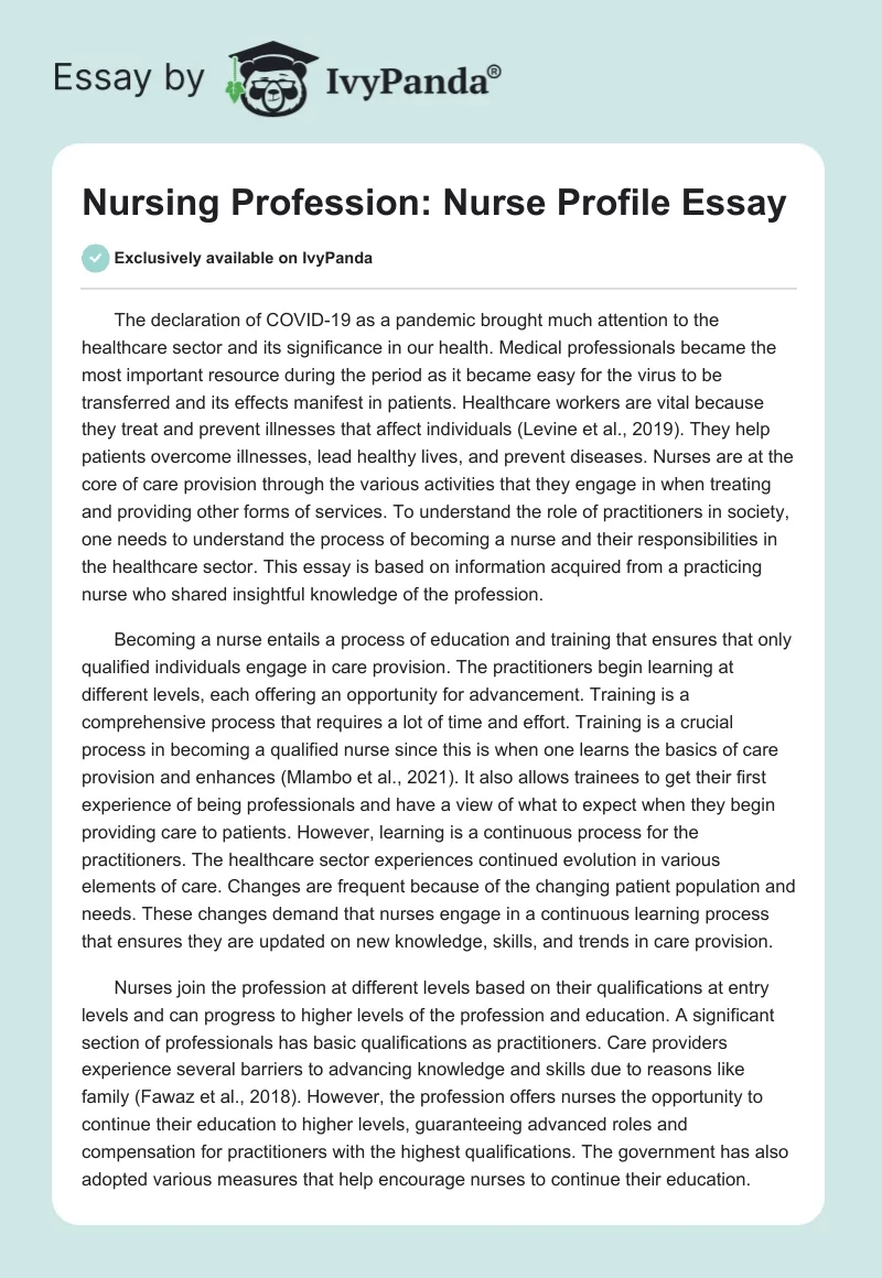 Nursing Profession: Nurse Profile Essay. Page 1