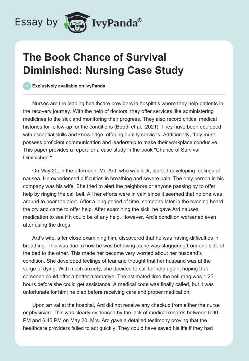 The Book "Chance of Survival Diminished": Nursing Case Study. Page 1