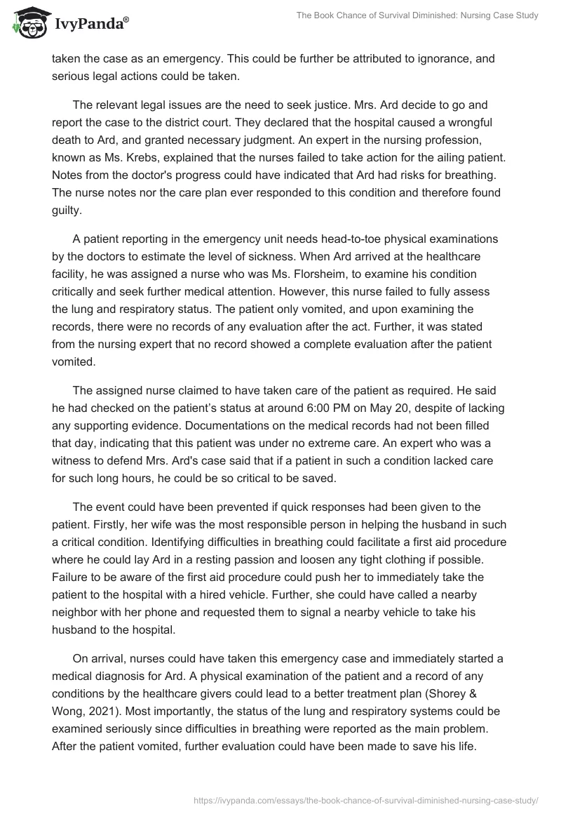 The Book "Chance of Survival Diminished": Nursing Case Study. Page 2