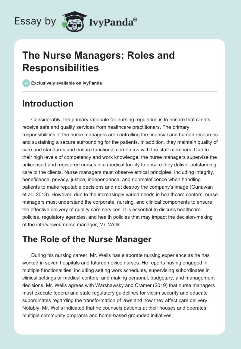 The Nurse Managers: Roles and Responsibilities. Page 1