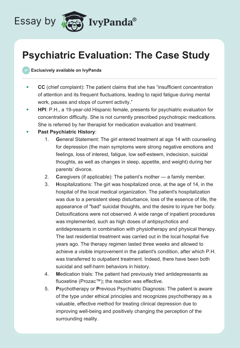 Psychiatric Evaluation: The Case Study. Page 1