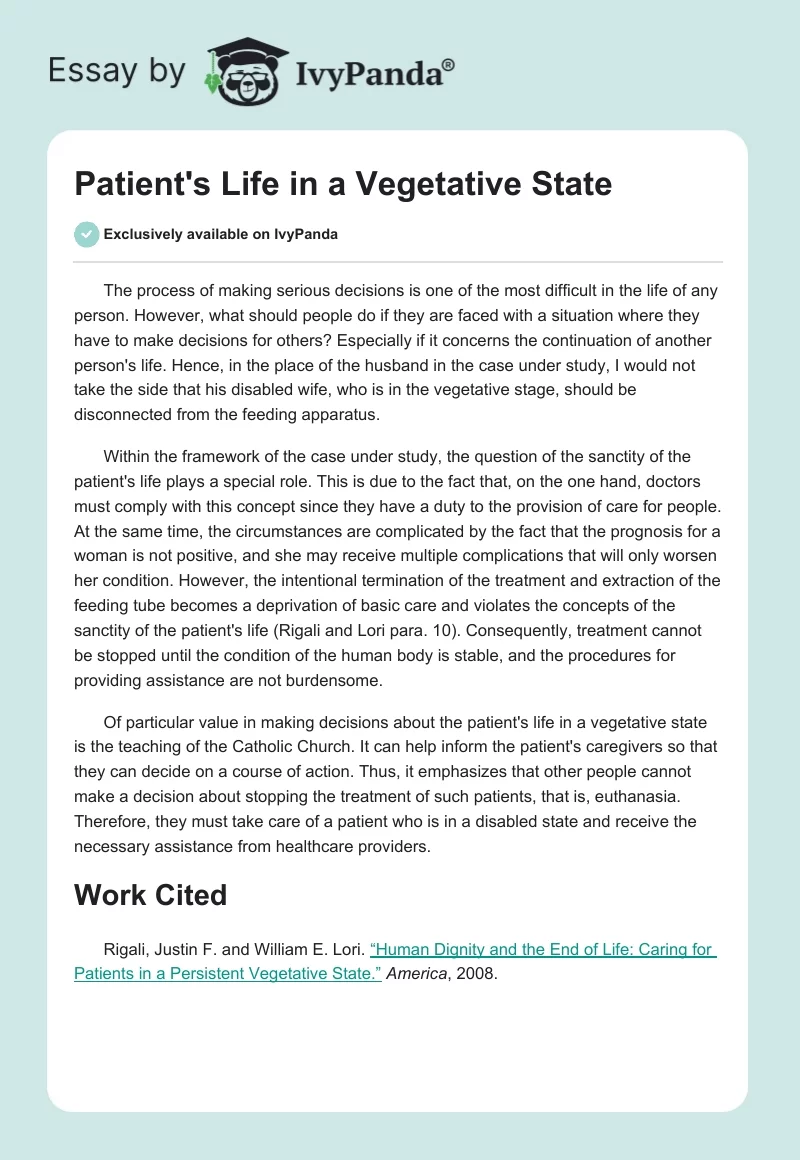 Patient's Life in a Vegetative State. Page 1