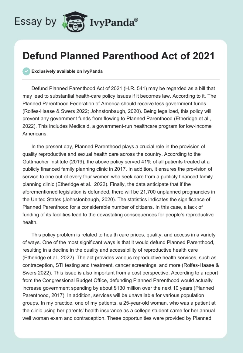 Defund Planned Parenthood Act of 2021. Page 1