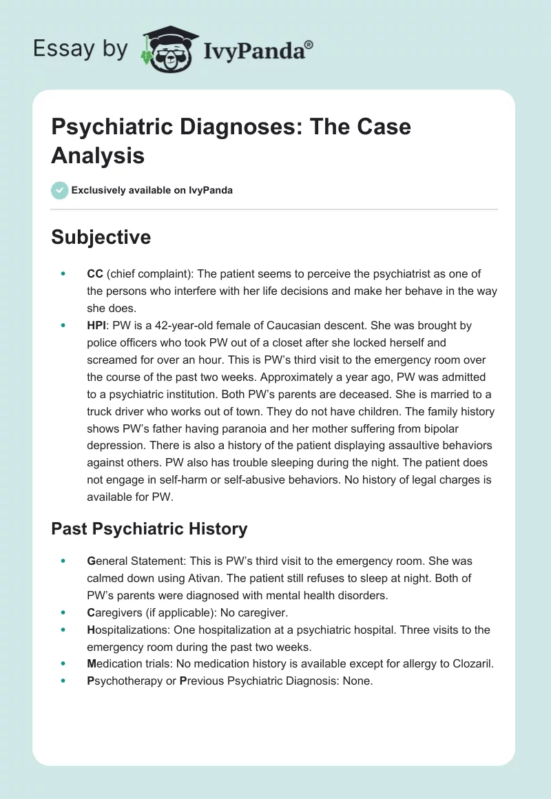 Psychiatric Diagnoses: The Case Analysis. Page 1