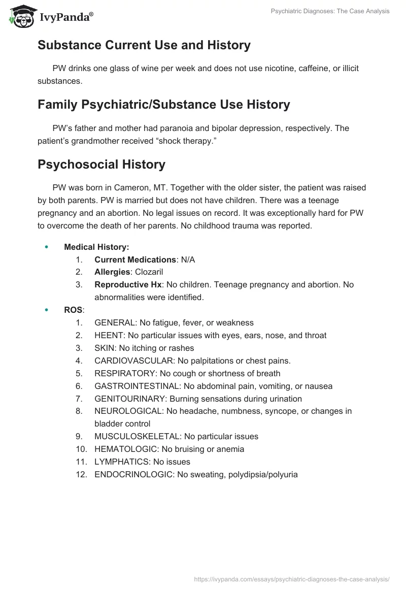 Psychiatric Diagnoses: The Case Analysis. Page 2