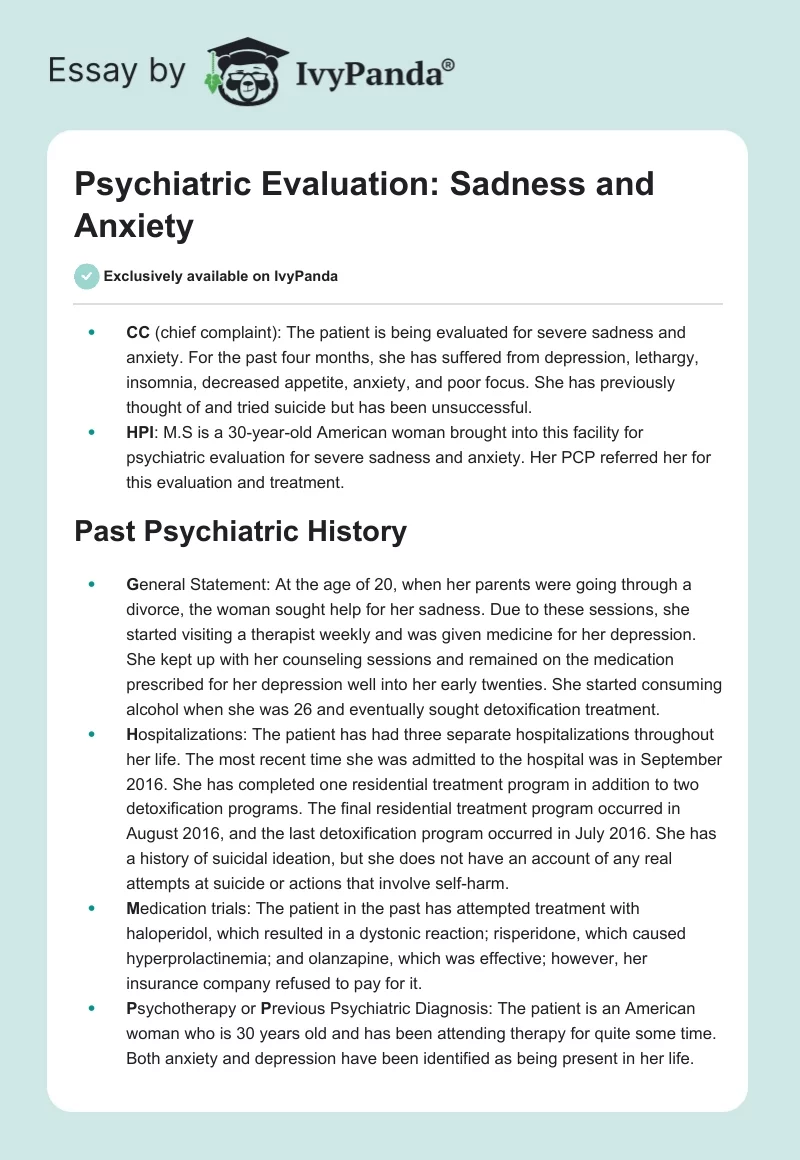 Psychiatric Evaluation: Sadness and Anxiety. Page 1