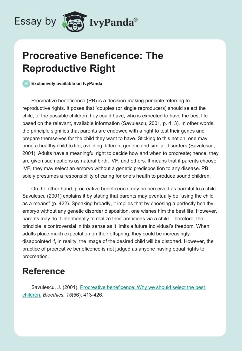 Procreative Beneficence: The Reproductive Right. Page 1