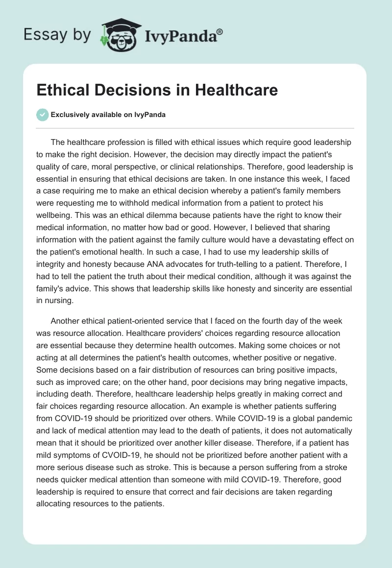 Ethical Decisions in Healthcare. Page 1