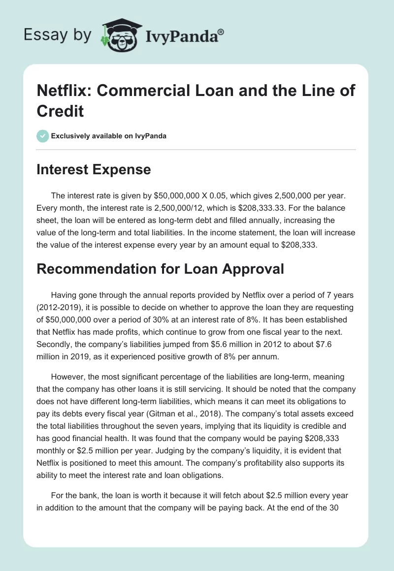 Netflix: Commercial Loan and the Line of Credit. Page 1