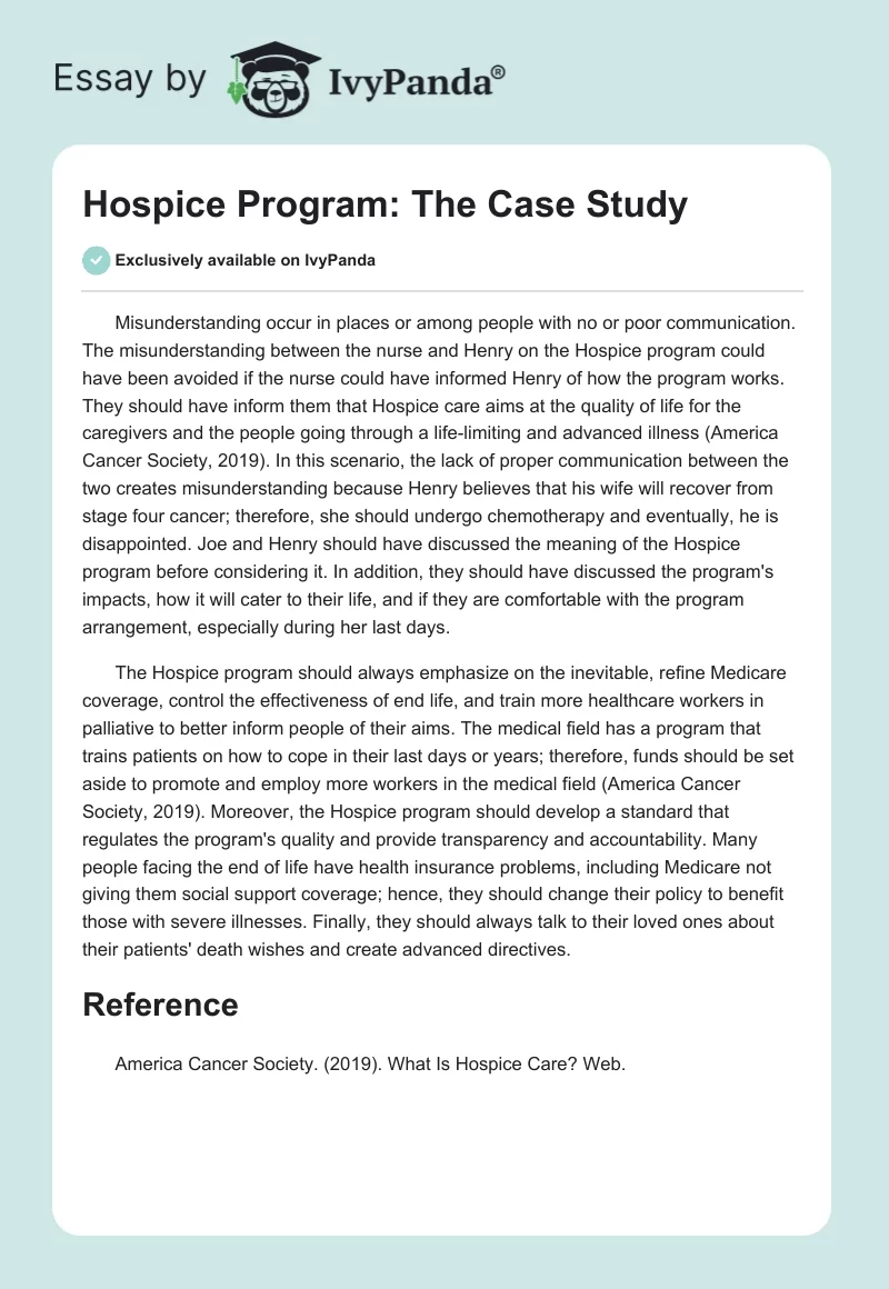 Hospice Program: The Case Study. Page 1