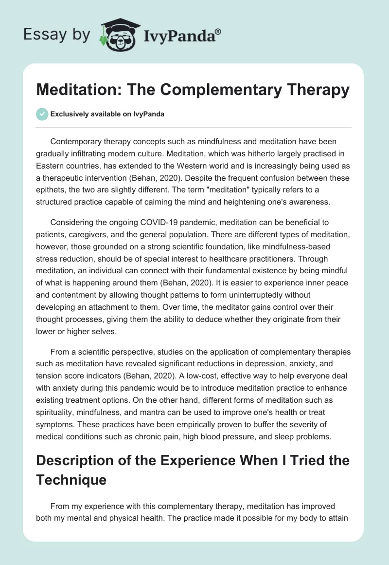 Meditation: The Complementary Therapy. Page 1