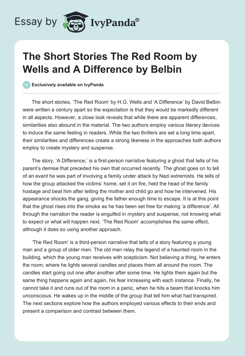 The Short Stories "The Red Room" by Wells and "A Difference" by Belbin. Page 1