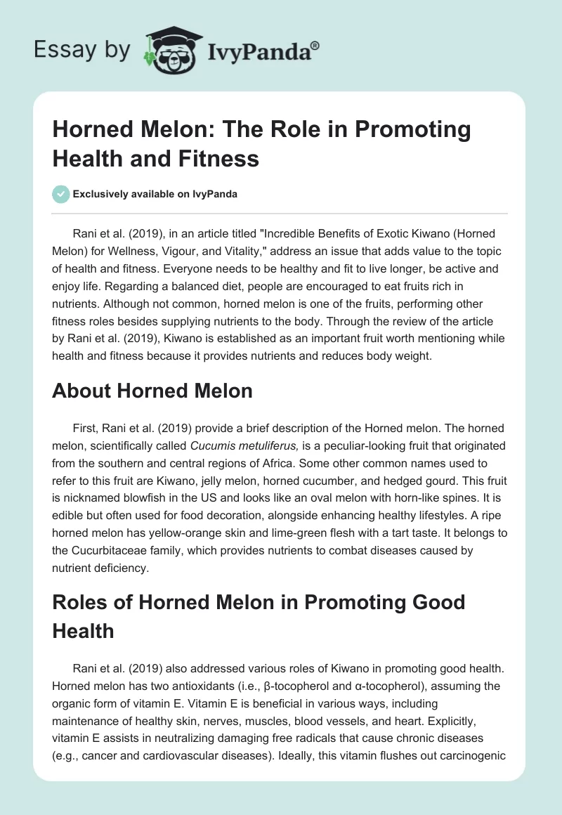 Horned Melon: The Role in Promoting Health and Fitness. Page 1
