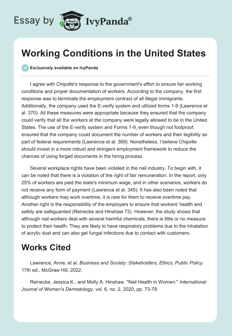 Working Conditions in the United States. Page 1