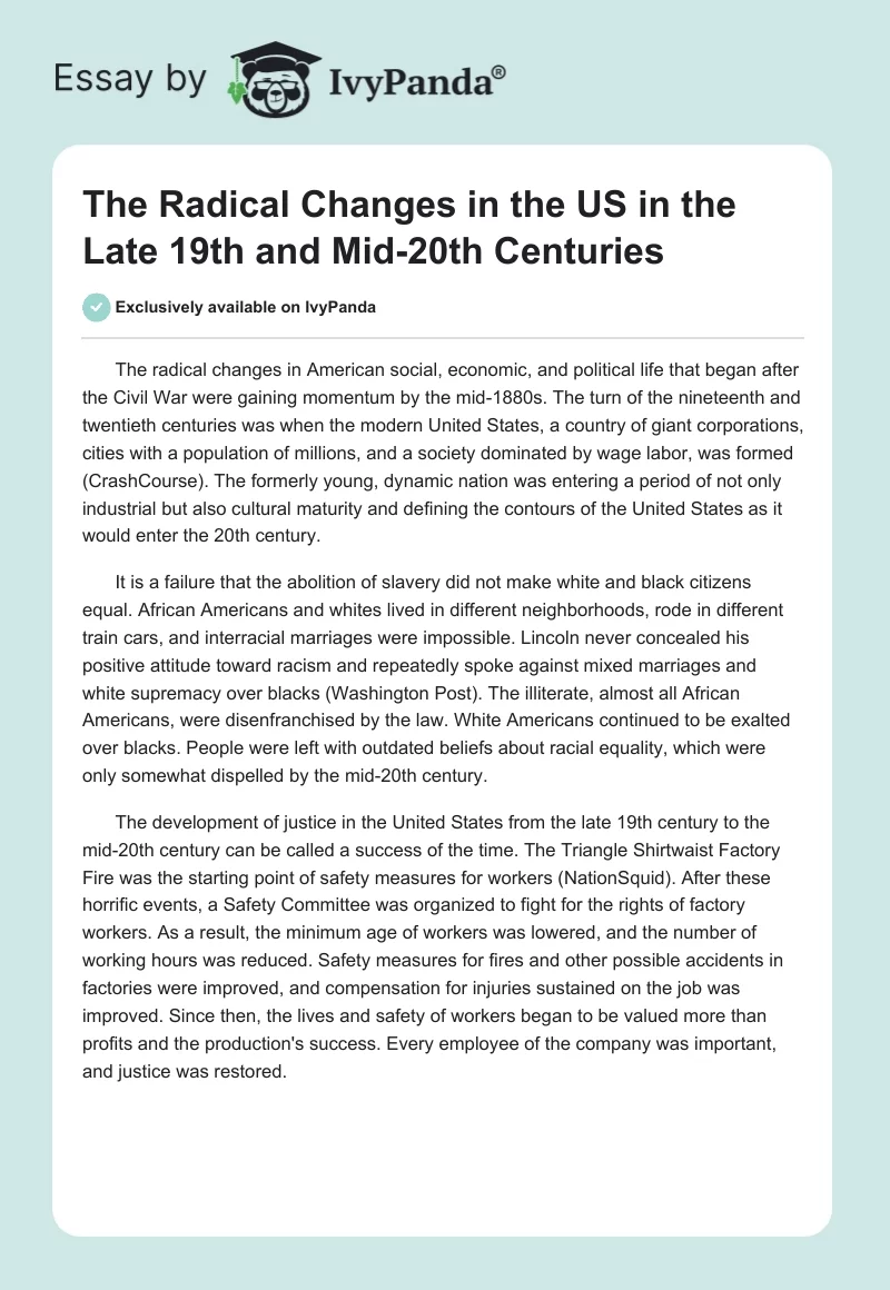 The Radical Changes in the US in the Late 19th and Mid-20th Centuries. Page 1