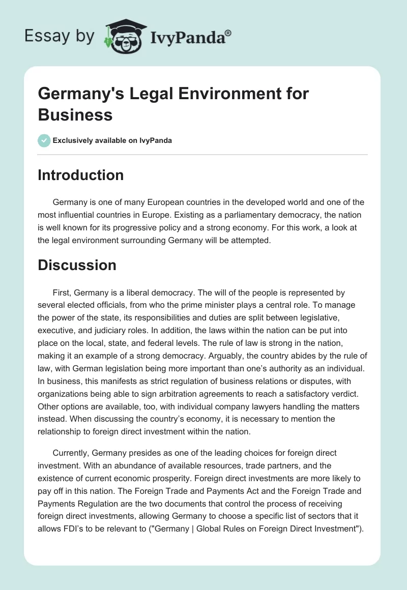 Germany's Legal Environment for Business. Page 1