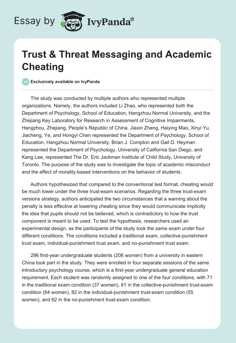 Trust & Threat Messaging and Academic Cheating. Page 1