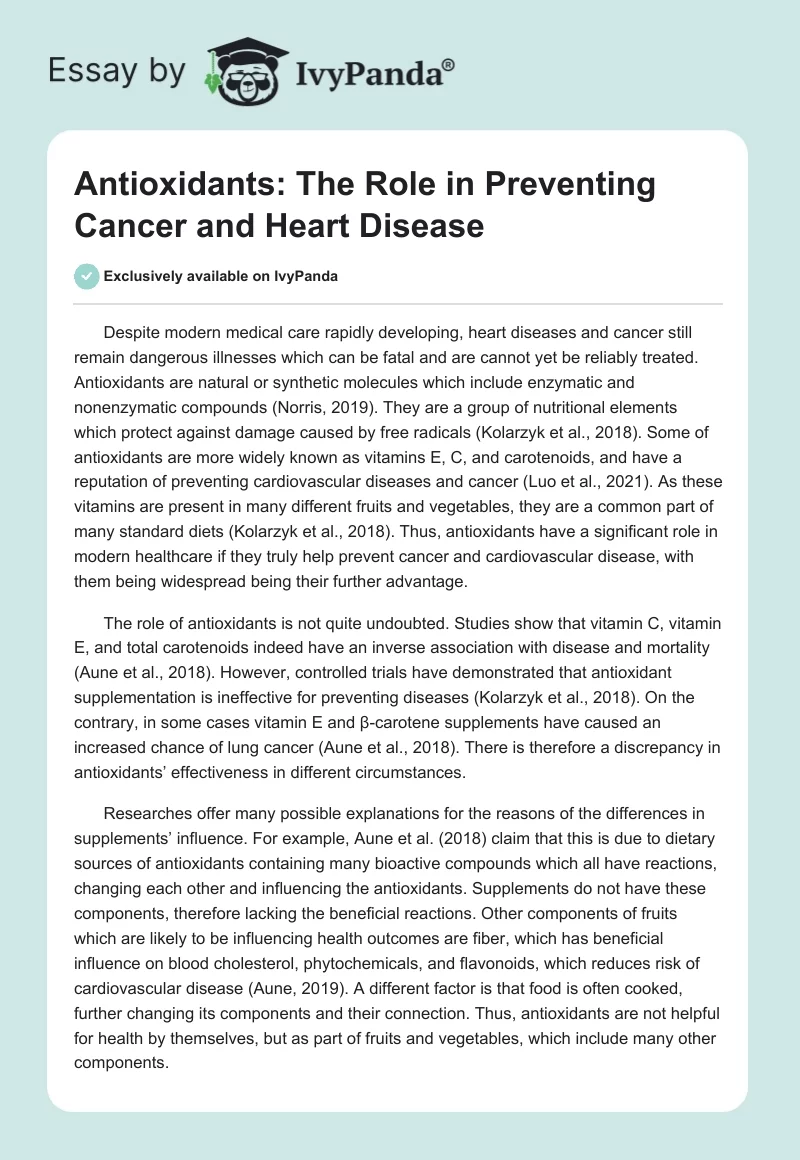 Antioxidants: The Role in Preventing Cancer and Heart Disease. Page 1
