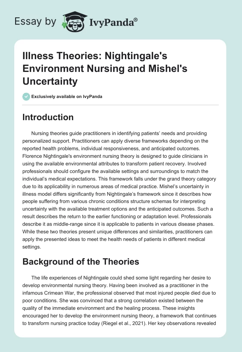 Illness Theories: Nightingale's Environment Nursing and Mishel's Uncertainty. Page 1