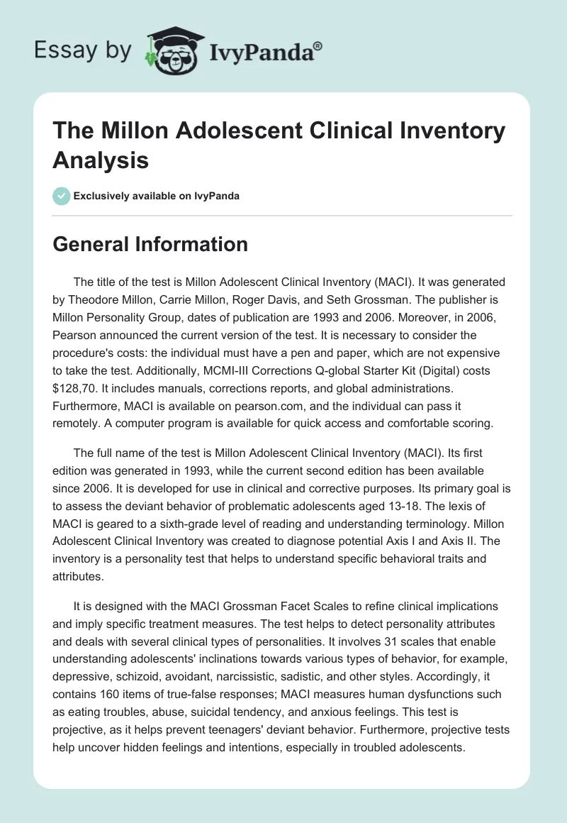 The Millon Adolescent Clinical Inventory Analysis. Page 1